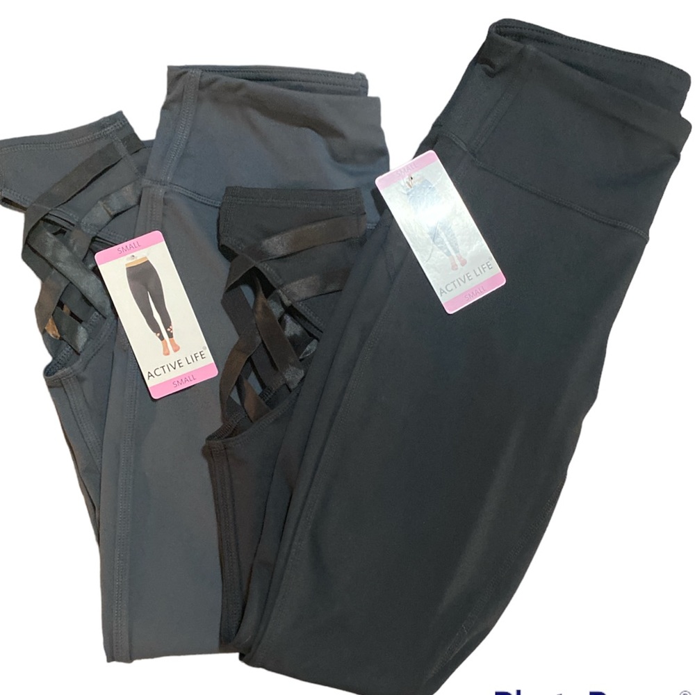 Active Life Leggings Criss Cross Elastic Bottom Small Black Grey Lot Of 2 Rt 158